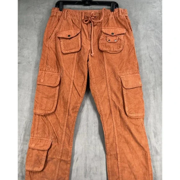 Free People Tahiti Cord Cargo Pants Pull On Drawstring Waist Size Small Orange - Picture 3 of 9